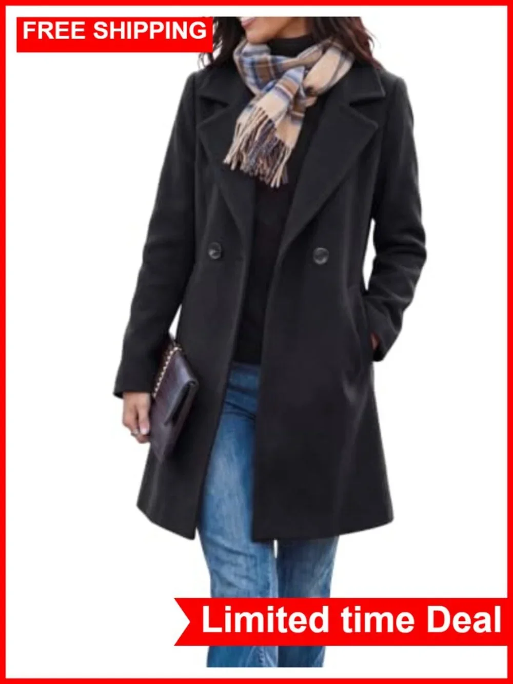 Wool Cotton Blend Pea Coat Long Notch Lapel Double Breasted